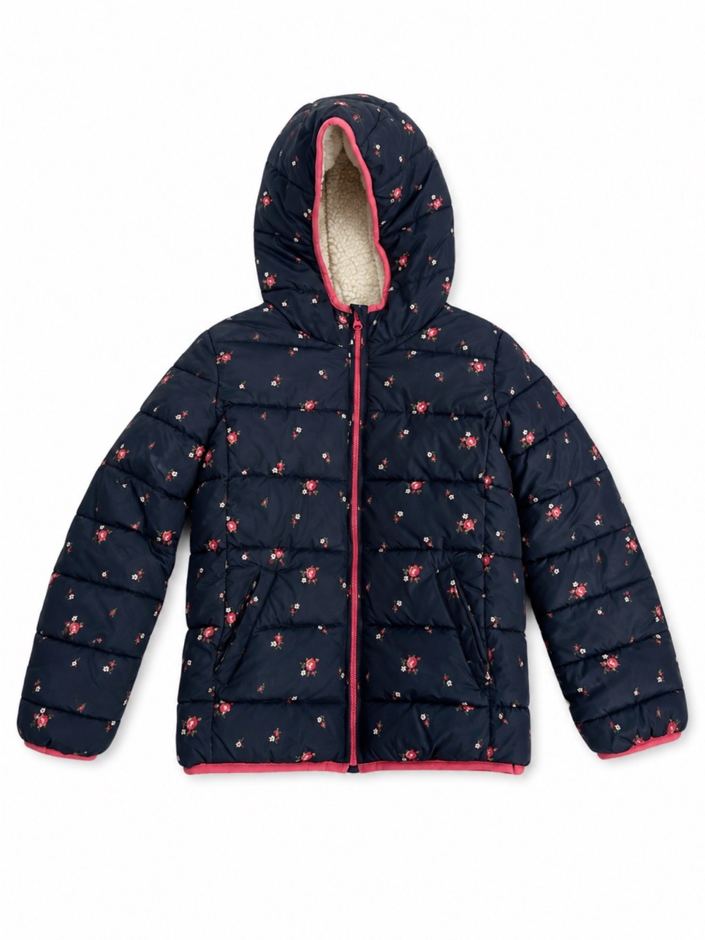 Gap Kids Girls Large 10 Floral Puffer Jacket Sherpa Lined Hood Navy Pink